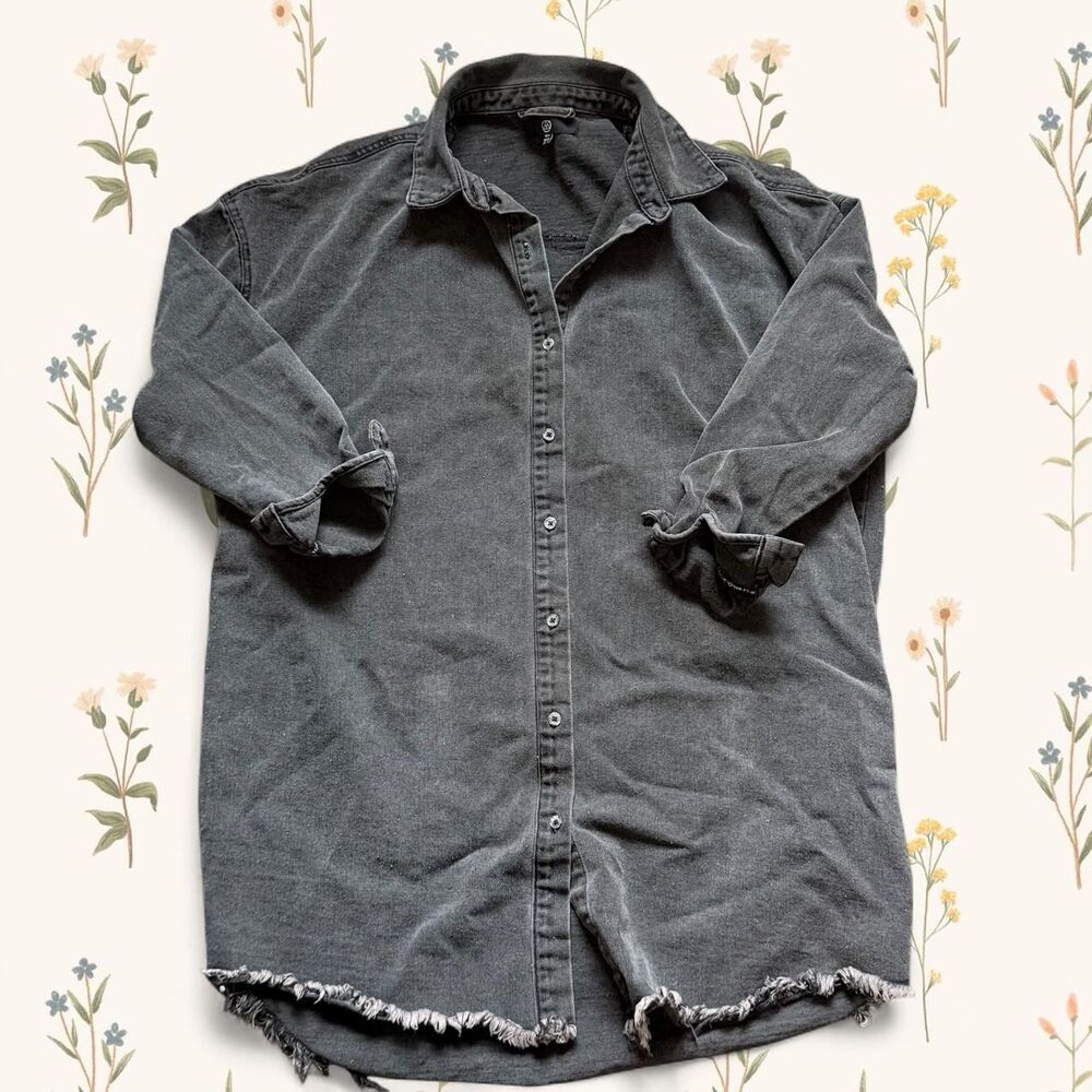 Missguided Washed Black Distressed Oversized Denim Shirt Dress Frayed Hem - 4